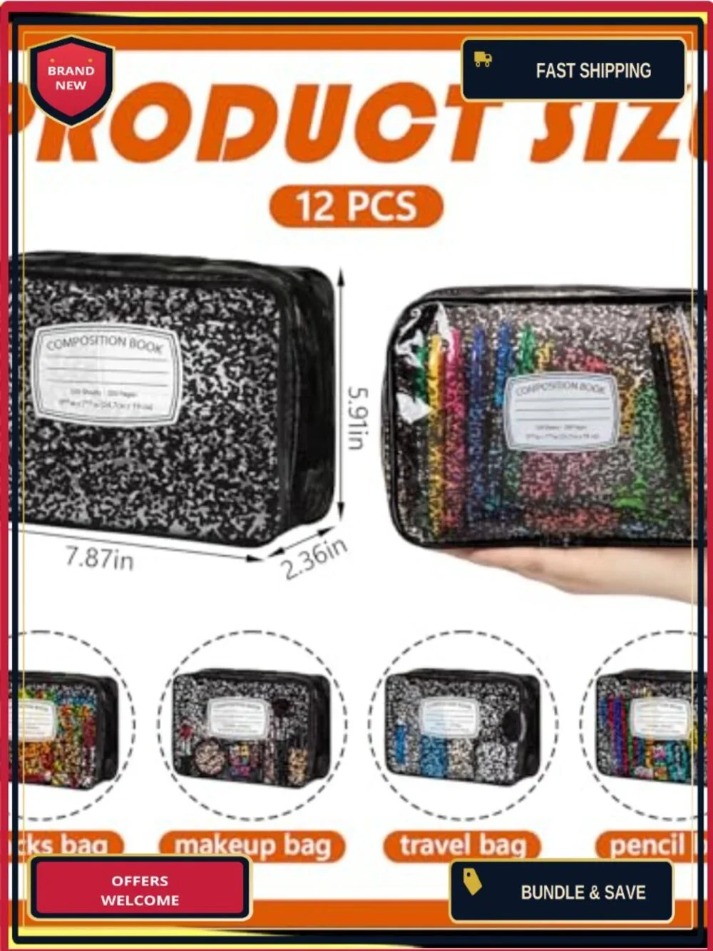 12 Pack Clear PVC Waterproof Cosmetic Bags, Composition Book Zipper Pouches,